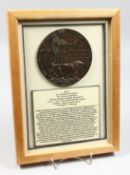 A FRAMED AND GLAZED W W 1 BRONZE MEMORIAL DEATH PLAQUE or 
