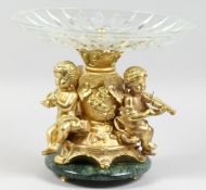 A GOOD GILT BRONZE CHERUB TAZZA. 11ins high.