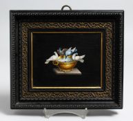A SUPERB 19TH CENTURY ITALIAN MICRO MOSAIC PLAQUE, 'Doves, The Emblem of Rome'. Framed. Bears