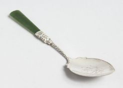 A STIRLING SILVER AND JADE SPOON.