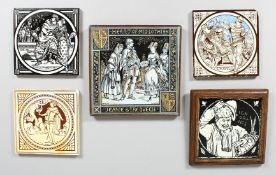 A GROUP OF FIVE VICTORIAN DECORATIVE PICTORIAL TILES by Minton, two framed, one titled 
