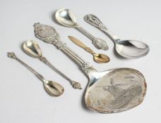 J REPPIEN A GOOD ART DECO DANISH SILVER SERVICE SPOON engraved with a windmill, in original box