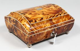 A SUPERB REGENCY TORTOISESHELL SARCOPHAGUS SHAPED WORK BOX, CIRCA. 1820, with domed top, veneered in
