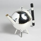 A CHRISTOPHER DRESSER DESIGN GLOBULAR SILVER PLATED TEA POT.