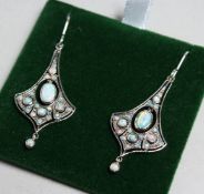 A PAIR OF SILVER AND OPAL DECO DESIGN DROP EARRINGS.