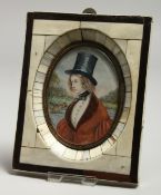 A GOOD PORTRAIT MINIATURE, half length of a young lady wearing a top hat, a duck flying from a lake.