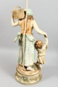 A LARGE PAINTED METAL LAMP after Augustus Moreau, of a young lady on a circular base. 26ins high,