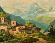 Pawlischek, (Early 20th Century) A chalet and buildings in the Swiss mountains, oil on canvas,