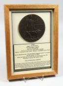 A FRAMED AND GLAZED W W 1 BRONZE MEMORIAL DEATH PLAQUE or 