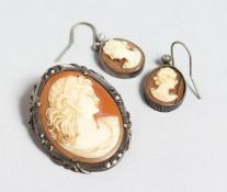 A VICTORIAN OVAL CAMEO BROOCH AND A PAIR OF EARRINGS.
