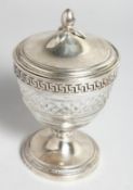 A CONTINENTAL SILVER MOUNTED CUT GLASS BOWL AND COVER with Greek pattern border. Circa. 1800. 6.5ins
