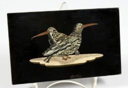 A GOOD 19TH CENTURY ITALIAN PIETRA DURA PANEL OF TWO BIRDS. 4ins x 6.25ins.