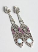 A PAIR OF SILVER MARCASITE OPAL SET, ART DECO DESIGN DROP EARRINGS.