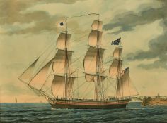 After Montardier Moore, French 1793-1860, 'Ship Bowditch', coloured lithograph, published by the