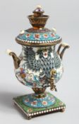 A SMALL RUSSIAN SILVER AND ENAMEL SAMOVAR AND COVER with handles and tap on a square base with three