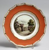A ROYAL CROWN DERBY PLATE painted with a view of Stoney Middleton, Derbyshire, under a burnt