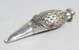 A CAST SILVER SWAN'S HEAD PERFUME BOTTLE with ruby eyes, 3.5ins long.