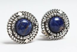 A PAIR OF GEORG JENSEN .925 SILVER AND LAPIS CIRCULAR CLIP EARRINGS in original box.