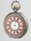 A LADIES ENGRAVED SILVER HALF HUNTER POCKET WATCH