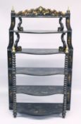 A GOOD 19TH CENTURY CHINNOISERE DECORATED SIX TIER BACK LACQUER WHAT NOT of serpentine outline, each