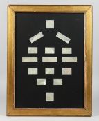 FIFTEEN DECORATED MOTHER OF PEARL COUNTERS in a glazed gilt frame. 16ins x 11ins.