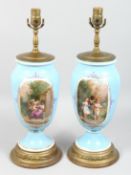 A GOOD PAIR OF CONTINENTAL BLUE PORCELAIN LAMPS with painted panel of flowers. 13ins high.