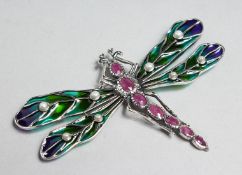 A LARGE SILVER, RUBY, PEARL AND ENAMEL DRAGONFLY BROOCH.
