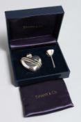 A TIFFANY & CO. .925 SILVER HEART SHAPE SCENT BOTTLE AND FUNNEL in a blue Tiffany box and light blue