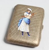 A FRENCH .800 SILVER AND ENAMEL CIGARETTE BOX the lid with a girl. Maker C. A. S. 3.5ins long.