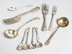 A MIXED BAG OF GEORGIAN AND VICTORIAN CUTLERY various dates. Weight 12 ozs.