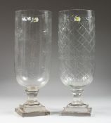 TWO CUT GLASS HURRICANE LAMPS 16ins high.