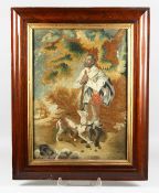 A MAHOGANY FRAMED AND GLAZED EMBROIDERED SILKWORK PICTURE, woodman and dog. 24ins x 18ins.