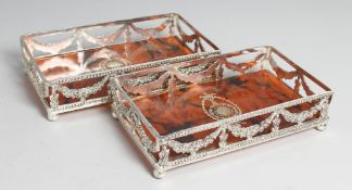 A PAIR OF PLATED AND FAUX TORTOISESHELL TRAYS. 8.5ins.