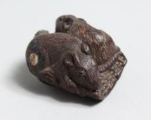 A CARVED WOOD NETSUKE OF TWO RATS