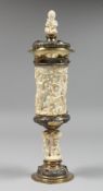 A SUPERB 19TH CENTURY CONTINENTAL CARVED IVORY SILVER, SILVER GILT AND SEMI PRECIOUS GEM SET CHALICE