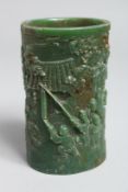 A CHINESE JADE BRUSH POT. 4.75ins