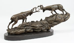 AFTER JULES MOIGNIEZ (1835 - 1894) FRENCH A GOOD BRONZE FIGHTING STAGS on a marble base. Signed,