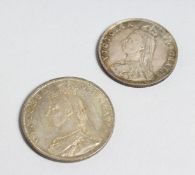 A VICTORIAN 1887 HALF CROWN AND AN 1887 TWO SHILLING PIECE.