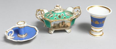 A FLIGHT BARR AND BARR WORCESTER TAPER STICK with gadrooned border with a pale blue ground. A FLIGHT