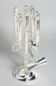 A SILVER PLATED BAR TOOL SET.
