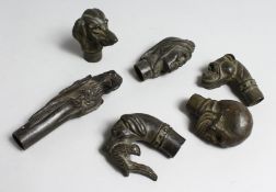 SIX BRONZE WALKING STICKS TOPS.