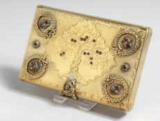 A SUPERB RUSSIAN SILVER GILT CIGARETTE CASE set with diamonds etc.. 11.5cm long 8cm wide. Faberge
