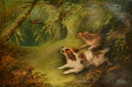 J. Langlois (19th Century) British, two dogs chasing a pheasant through woodland, oil on canvas,