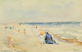 Theodore Zimmerman (b. 1937), Children playing on a Jersey beach, watercolour, signed and