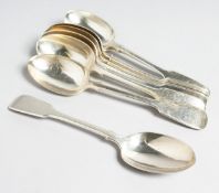 A SET OF EIGHT VICTORIAN FIDDLE PATTERN DESSERT SPOONS, matching crest. London 1883. Maker Francis