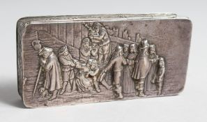 A 19TH CENTURY DUTCH OBLONG BOX, the lid repousse with figures. 4.75ins long. Chester import mark
