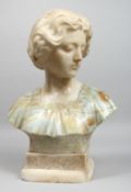 A GOOD CARVED TWO TONE MARBLE BUST OF A YOUNG GIRL. Label on reverse. Klein, Paris, 18ins high.