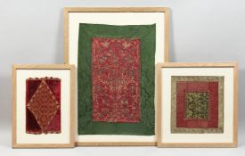 THREE VARIOUS 17TH CENTRUY ITALIAN FRAMED AND GLAZED EMBROIDERIES. 21ins x 15ins, 10in x 6ins and