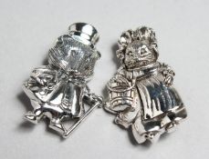 TWO SILVER BEATRIX POTTER CHARACTER BROOCHES.