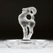 A LALIQUE CIRCULAR PIN TRAY of a deer. 3.5ins diameter.
